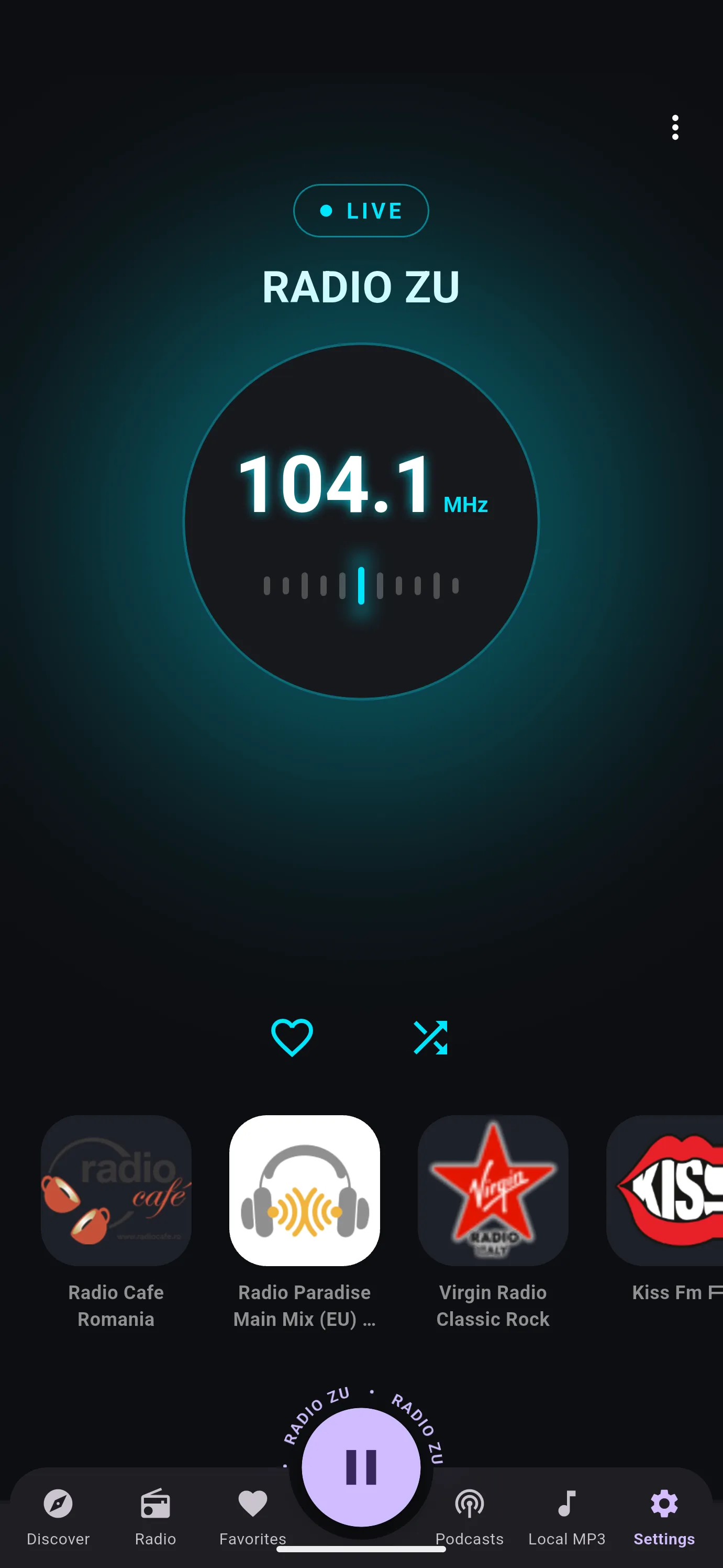 The Sonar player: the station, its frequency on a glowing dial, and your favourites below.