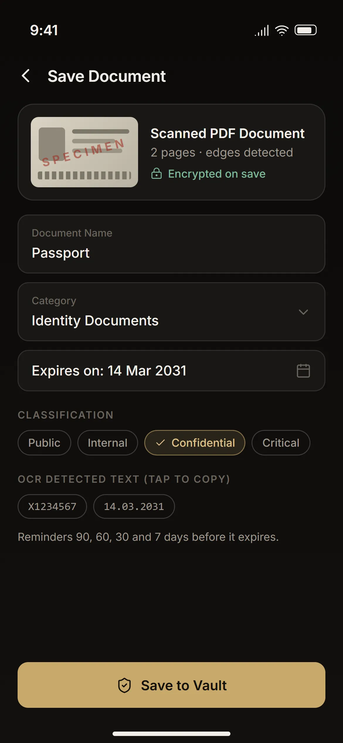 The document scanner with edges detected, or the save screen with name, category and expiry date.