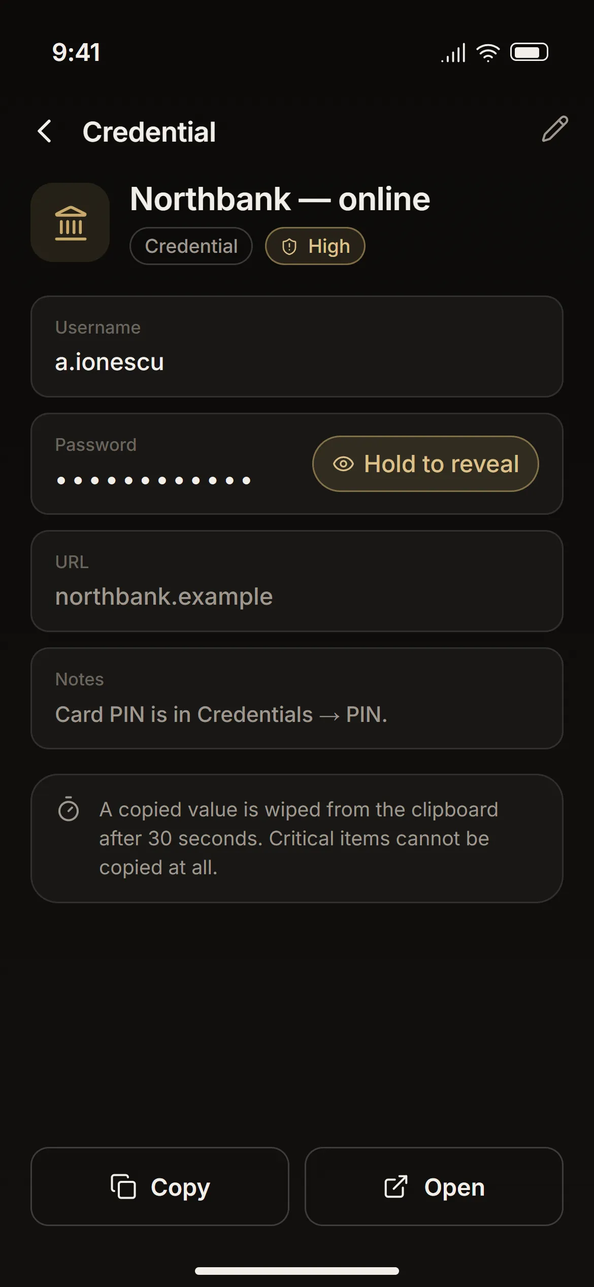 The credentials list, or one credential with its password hidden behind “Reveal”.