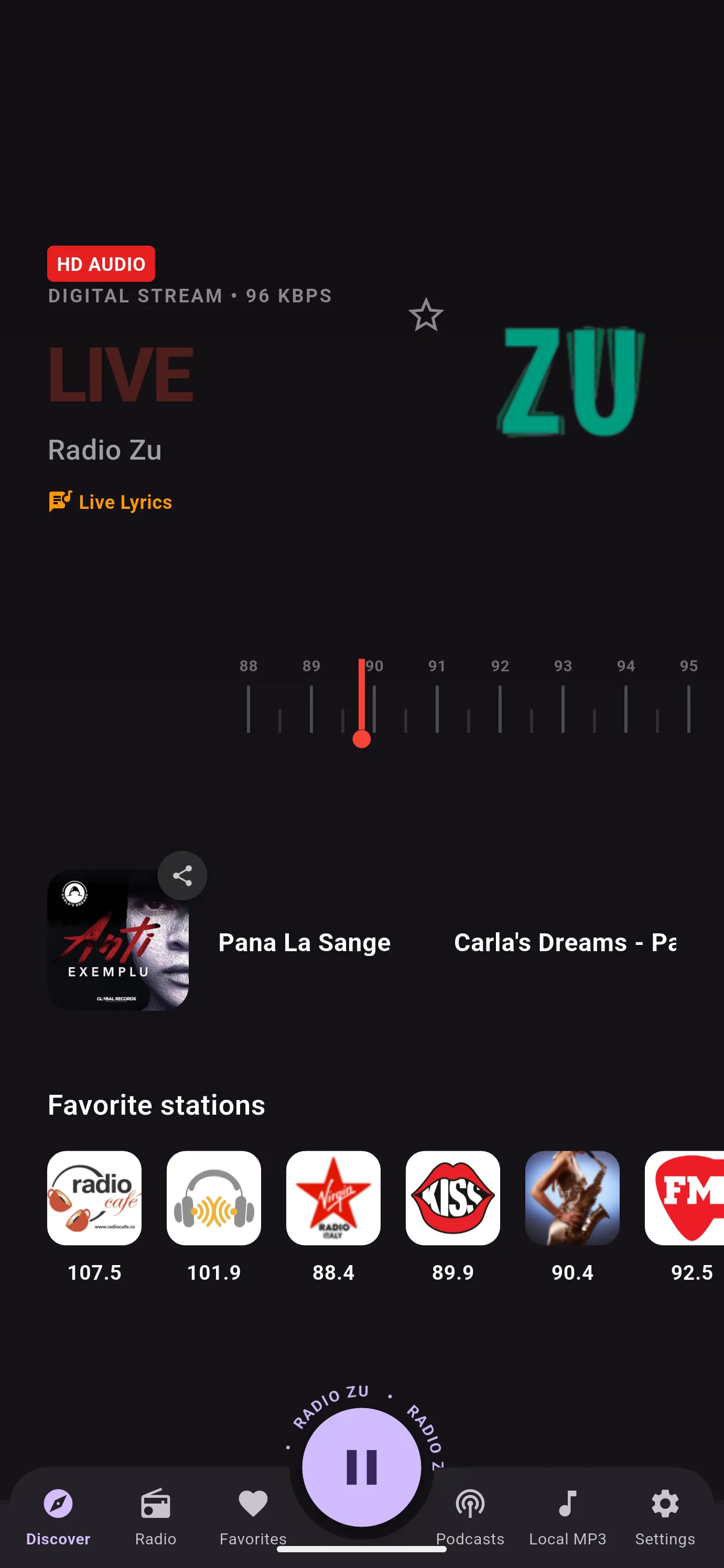 The Modern player with the frequency dial, the song playing and the favourites row.