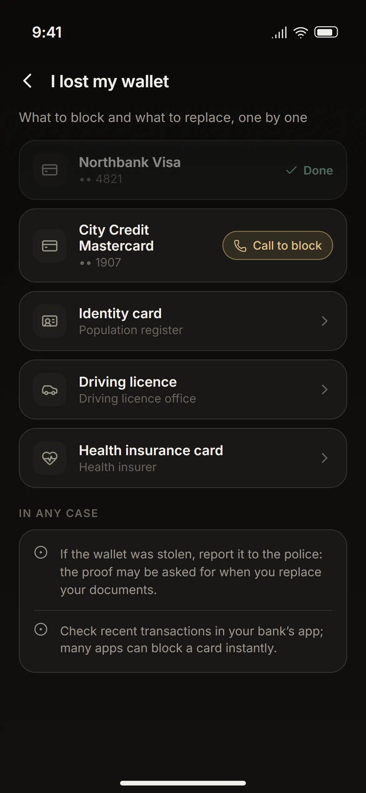 The “I lost my wallet” screen with the list of cards and the “Call to block” buttons.