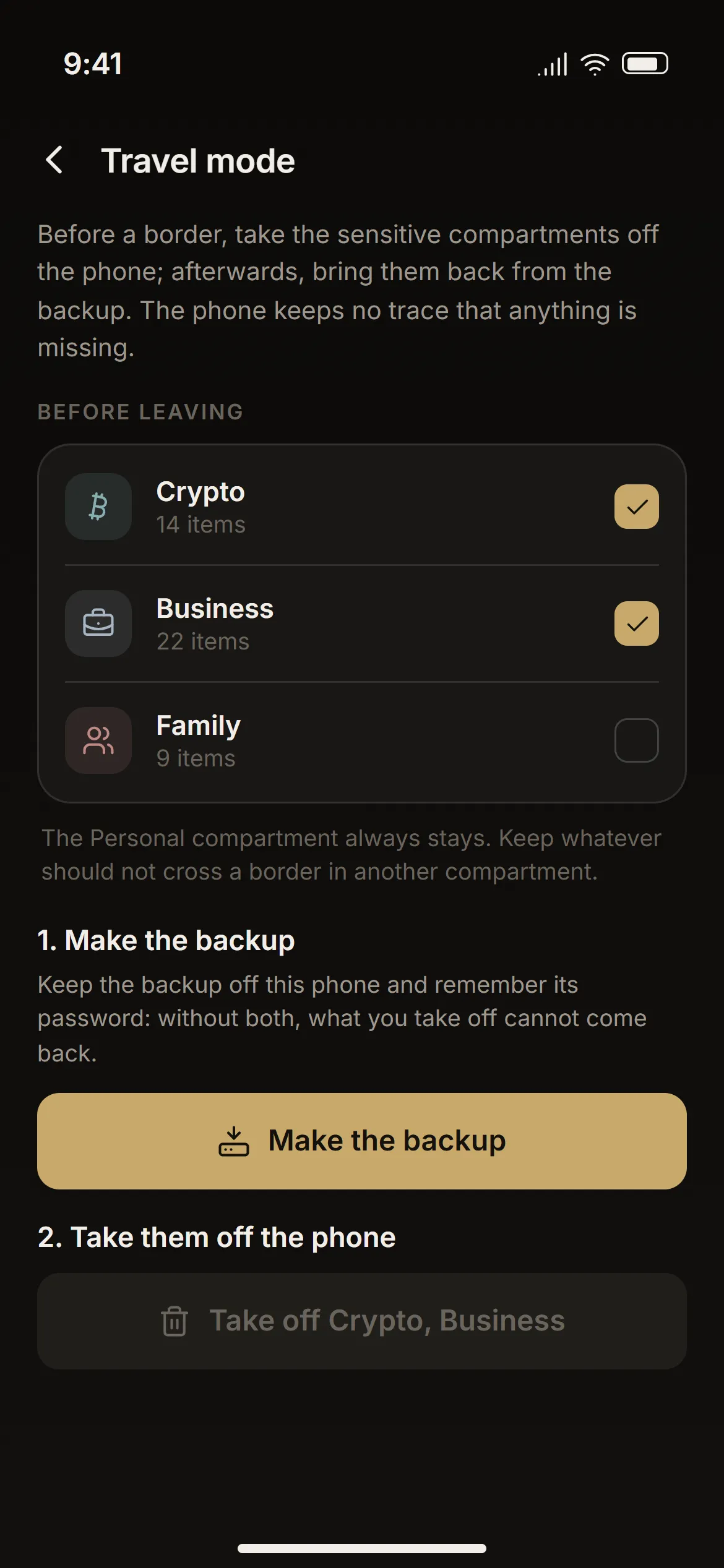 Settings → Security → Travel mode, with compartments selected for removal.