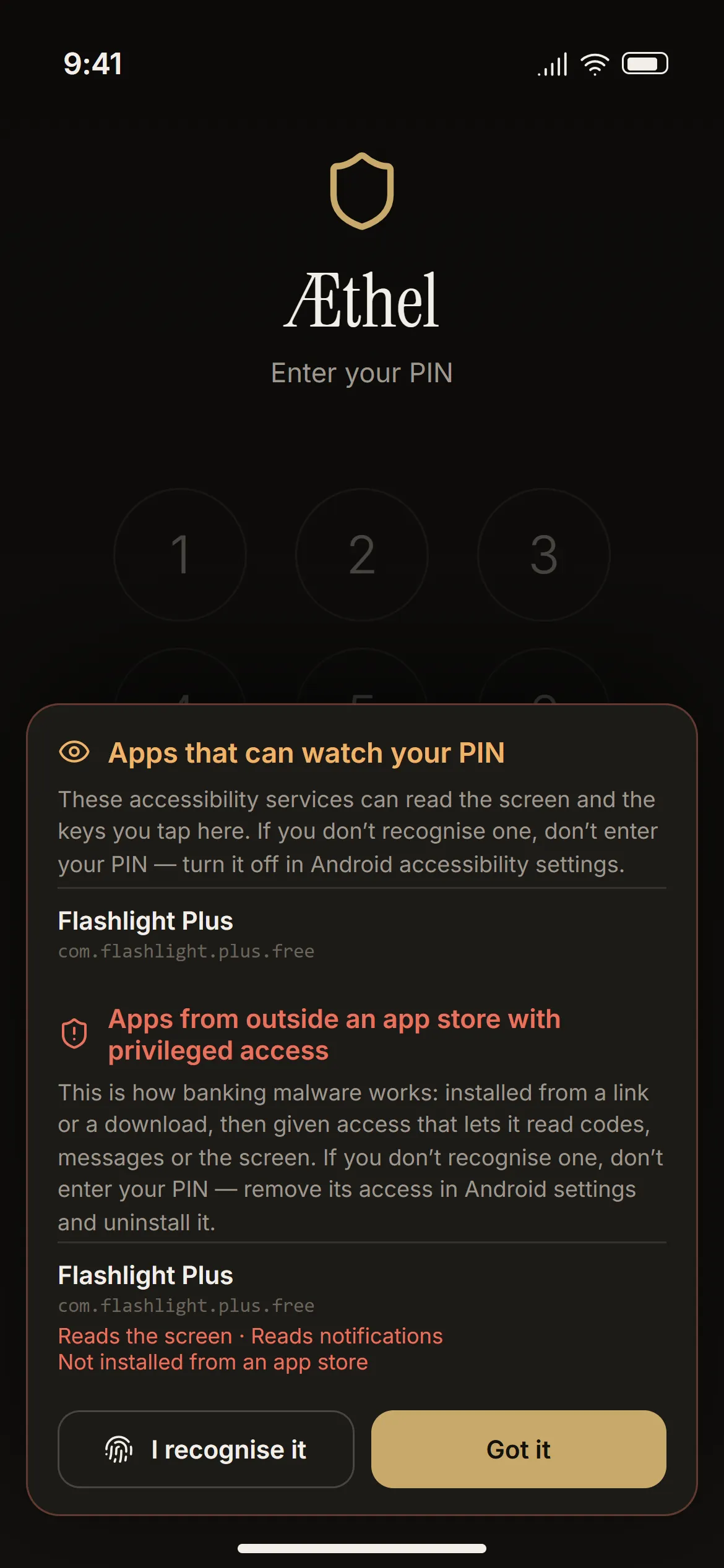 The lock screen, before the PIN: “Apps that can watch your PIN”.