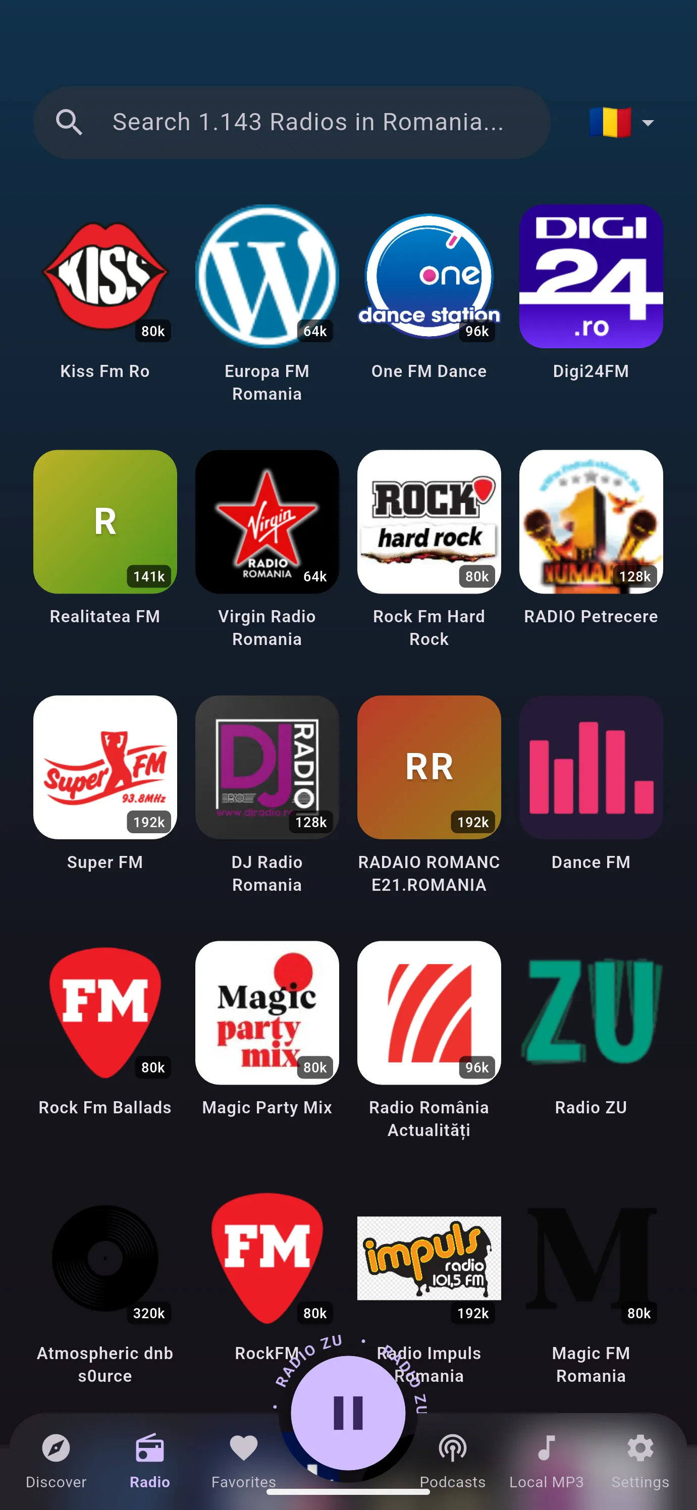 Radio: the station grid for one country, with the search bar and country flag.